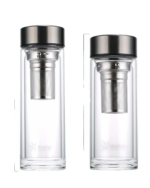 16OZ Leak-proof Double Wall Glass Travel Tea Mug  Tea Infuser Bottle Tumbler With Stainless Steel Filter Strainer