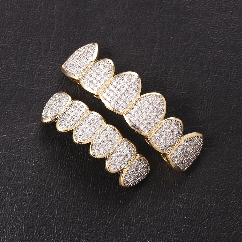 Iced Out Micro Pave CZ Teeth Grillz Top and Bottom Set 18k Gold Crystal Teeth Grills For Men Rapper Jewelry Wholesale