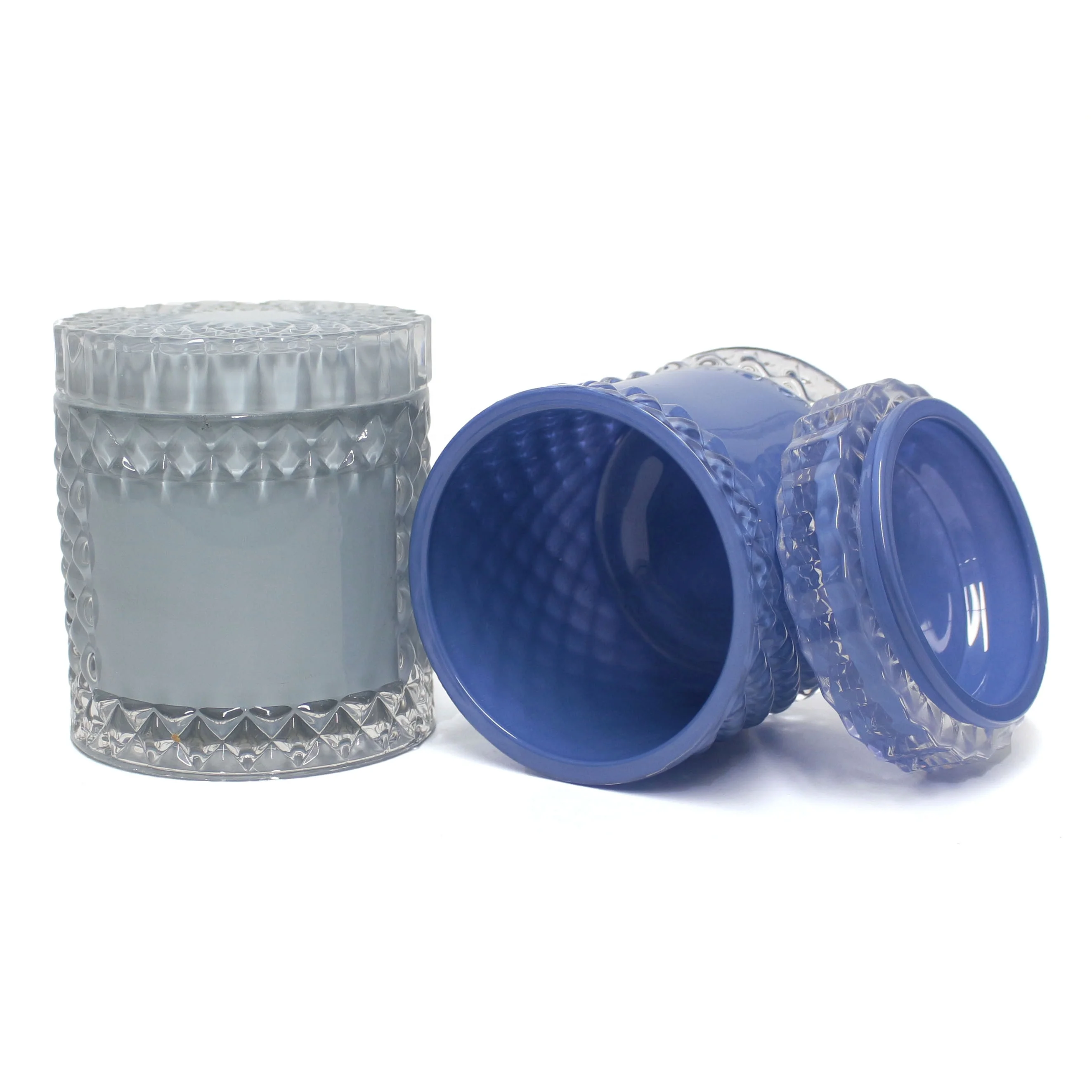 FengJun empty unique geo diamond customized Color embossed glass candle/candy jars with glass lid decorative candle holder