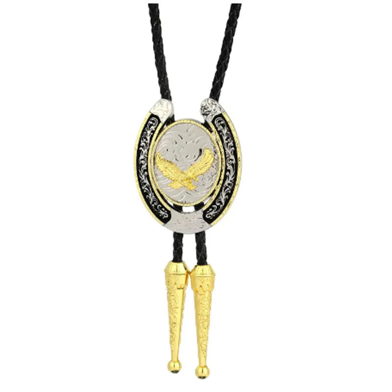 U shape two-color plating zinc alloy western cowboy bolo tie clip Black leather rope animal Bolo tie Necklace for men