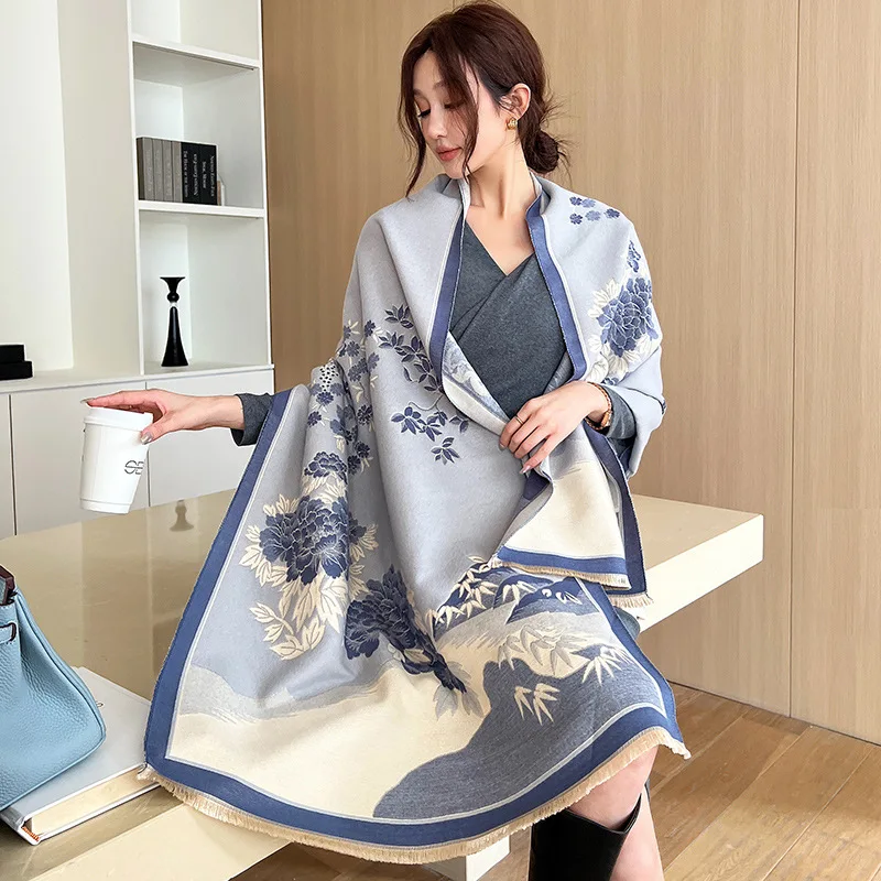 Luxury design fashion floral Warm Comfort Scarf Faux Cashmere Pashmina Shawl Women jacquard knitted scarf