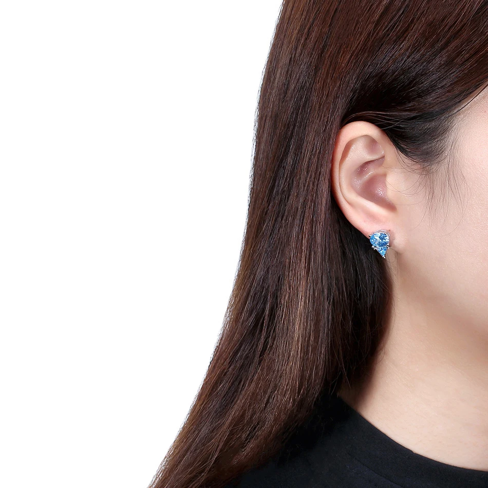 RINNTIN SE299 Natural Blue Topaz CZ 925 Sterling Silver Stud Earrings Blue Topaz Luxury Triangle Oval Cut Stone Earrings