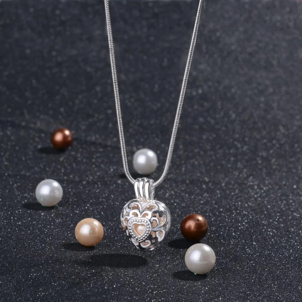 925 sterling silver heart oyster pearl beads holder cages locket pendant necklace