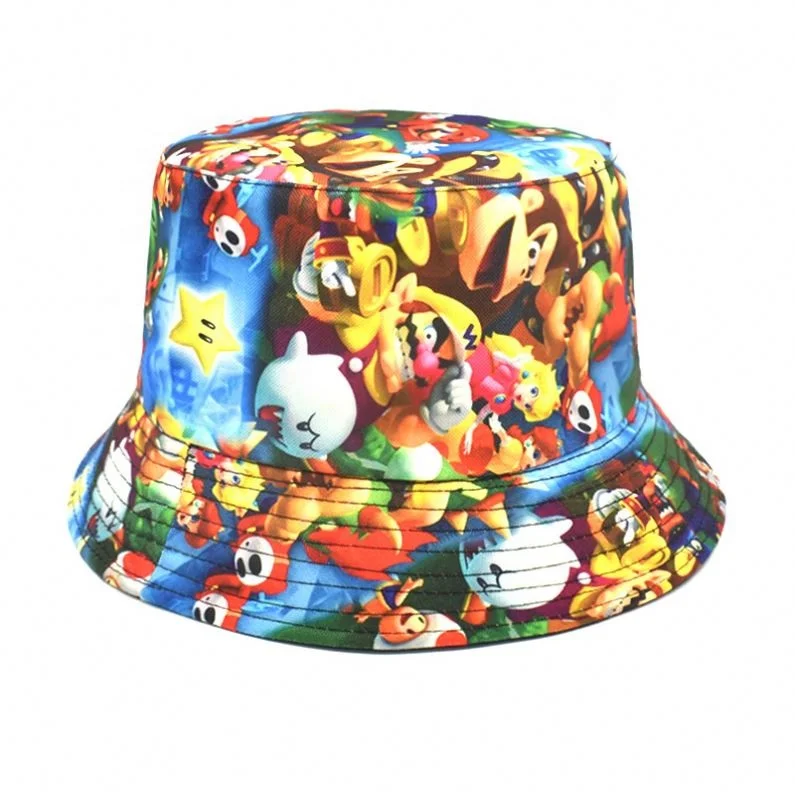 Creative Super Mary Mario figures pattern bucket hat man woman cartoon sun protection sun hat double-sided