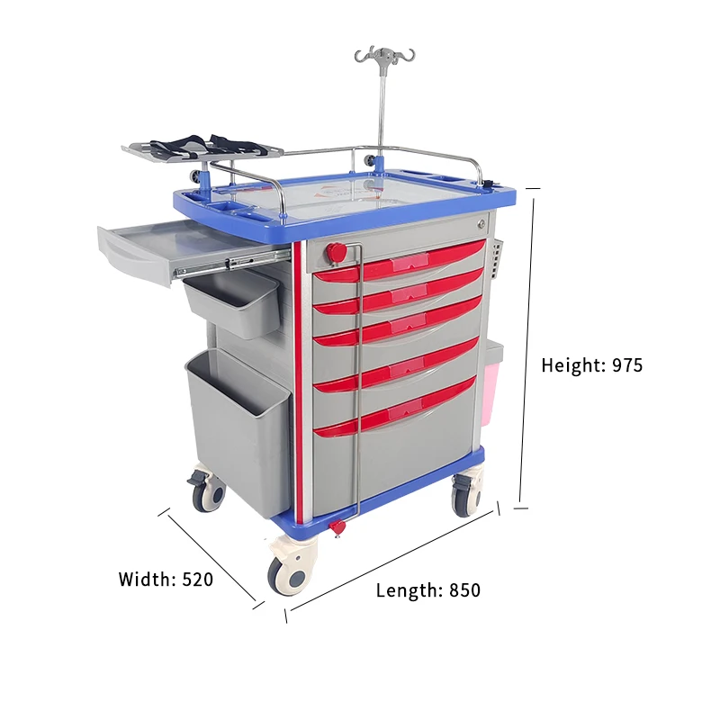 Factory Price ABS Plastic Hospital Nursing Crash Cart Emergency Medicine Trolley with 5 Drawers and CPR Board