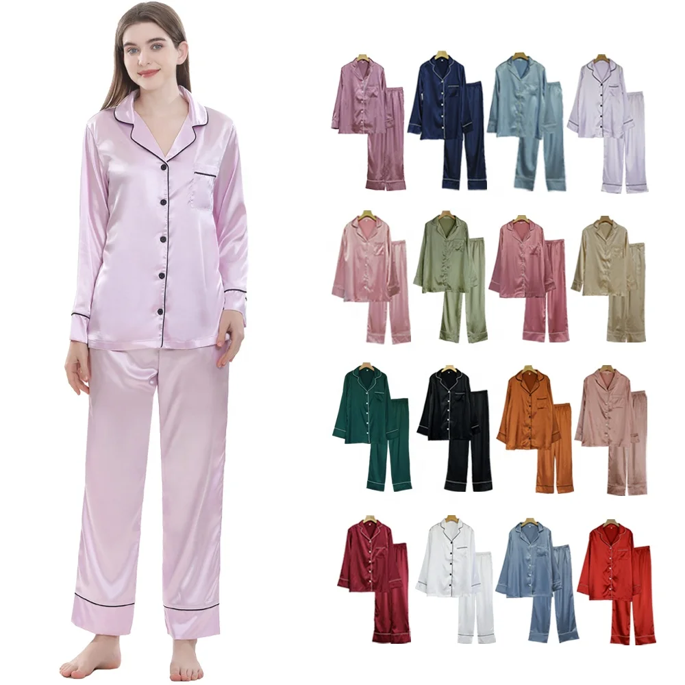 Wholesale Factory Supplier 136 Colors Silk Pajamas Women Long Full Length Pyjamas Satin PJ Sets Sleepwear