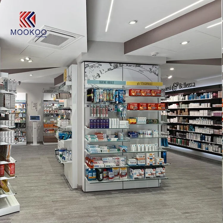 Modern Style Wooden Pharmacy Shop Showcase Drug Store Display Shelves with Cashier Counter