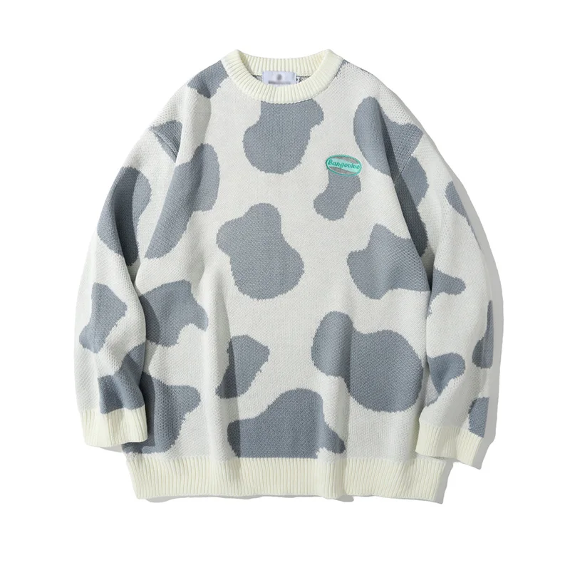 AW 2022 oversized desgin cow jacquard knitted pattern round neck casual pullover sweater