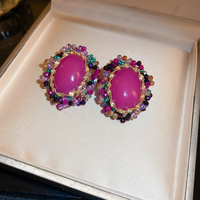 Fashion retro artistic high-end big pearl earrings silver needle inlaid color diamond rose red crystal oval earrings for women