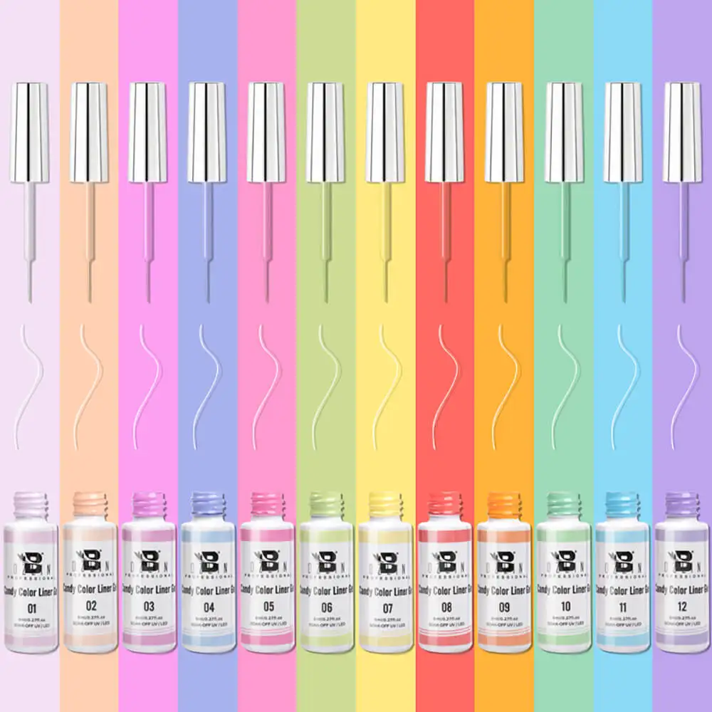 BOZLIN 12 Candy Color 8ml Ultra Fine Brush Pull Line Graffiti Nail Gel Polish Painting Stripe Design Nail Art Liner Gel Polish