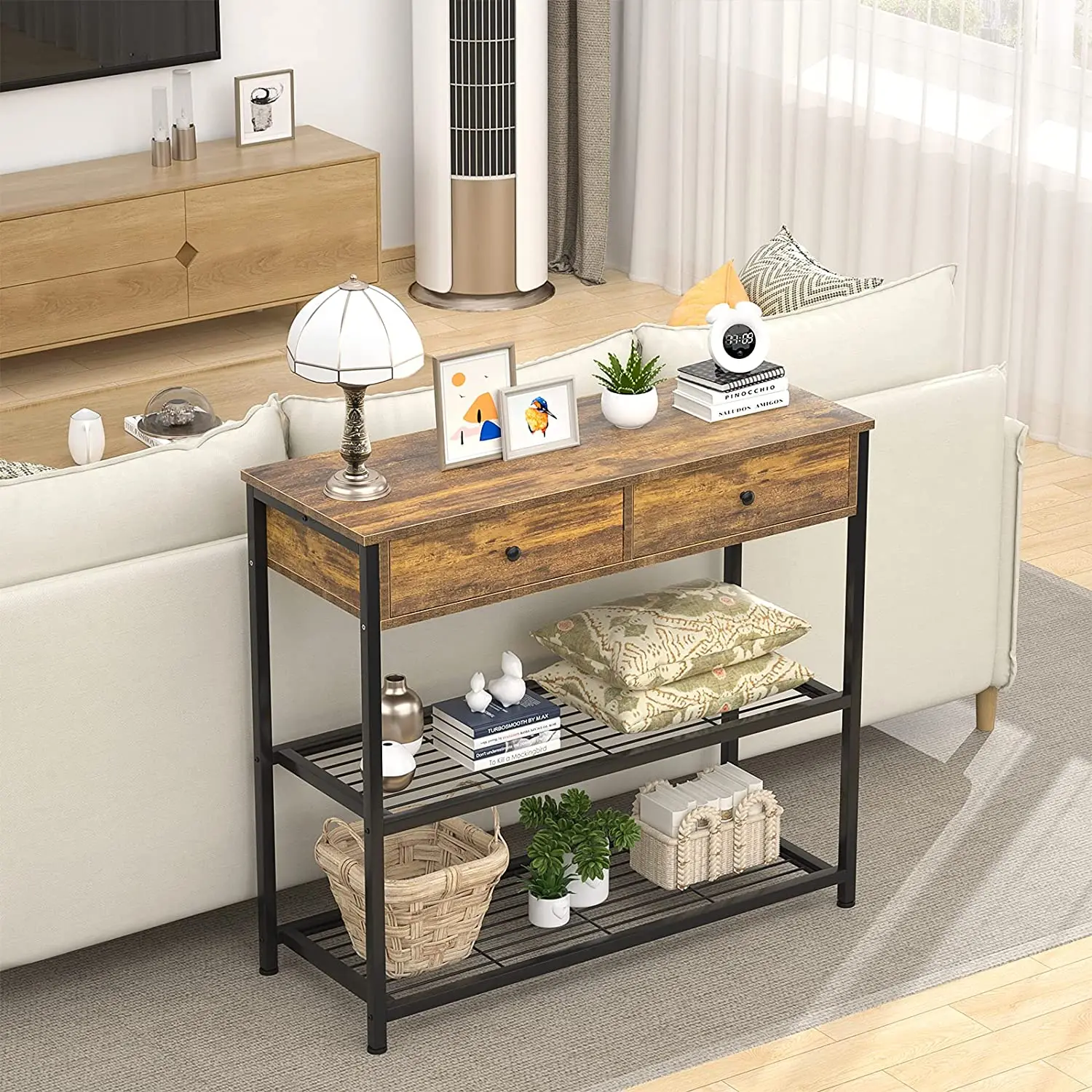 Best Selling Rustic Brown Industrial Sofa Corner Console Table With 2 Drawers