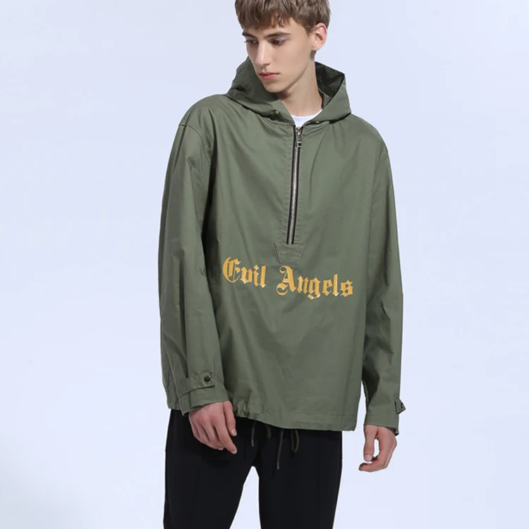 Custom Printing Oversized Half Zip Pullover Windbreaker Jacket Man Army Green Plus Size Hooded Jacket