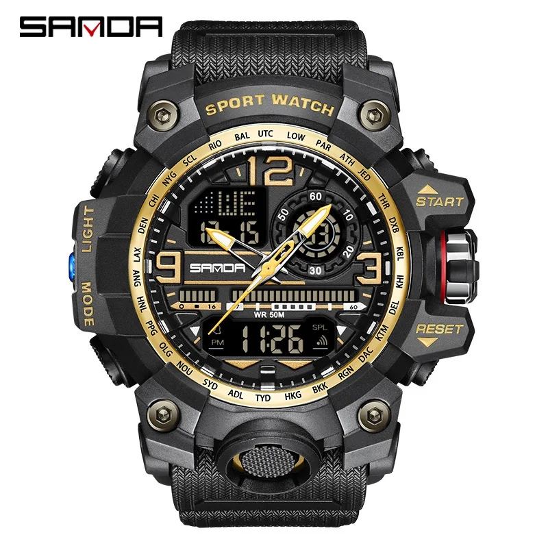 SANDA premium brand 5ATM deep waterproof shockproof hourly reporting digital sports watch men trend release