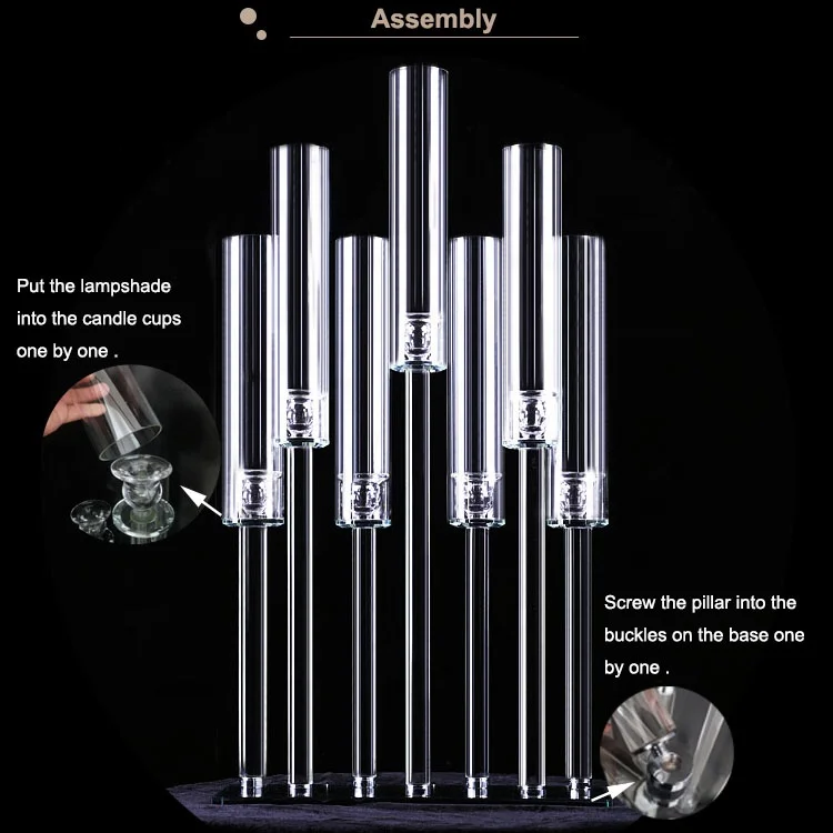 Wholesale rectangle shape 7 arms crystal pillar candle holder glass tube candelabra centerpiece wedding party decor