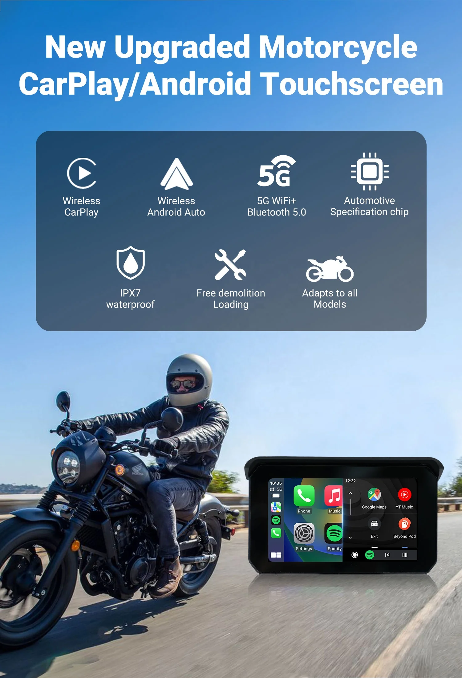 Ottocast Lite C5 SE портативный мотоцикл GPS беспроводной CarPlay Android Авто экран