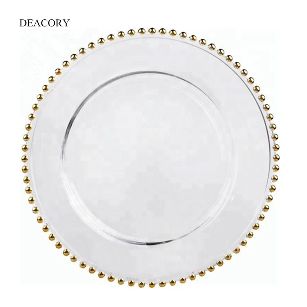 DEACORY wholesale 13 inch round glass gold beaded charger plate silver beaded charger plates for wedding party