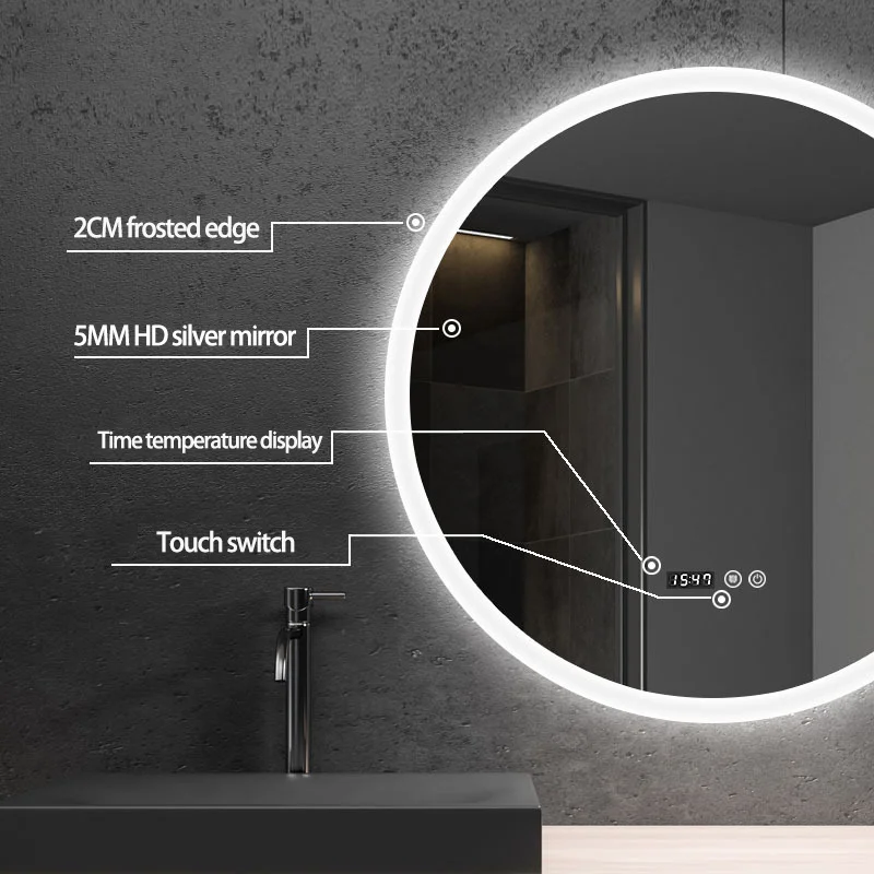 Modern Frameless LED Bathroom Vanity Mirror Smart Anti-Fog Sensor Wall Mounted Rotundity Makeup Suitable for Hotel Home Decor