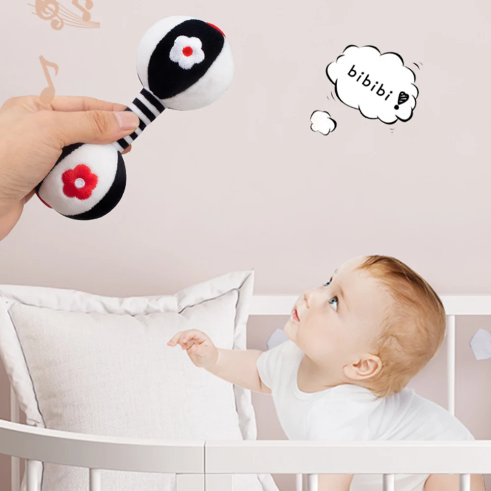 Sensory Toys for baby Newborn Black and White Toy Sof Handing Rattles Shaker Set Toddler Maracas Dumbbells Built in Bell Plush