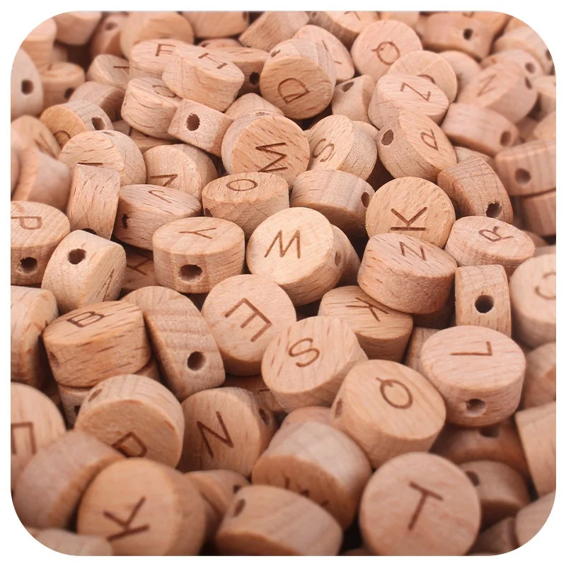 Hot Organic Baby Pacifier Chain Accessories Wooden Letter Flat Round English Alphabet 15mm Beech Wood Beads