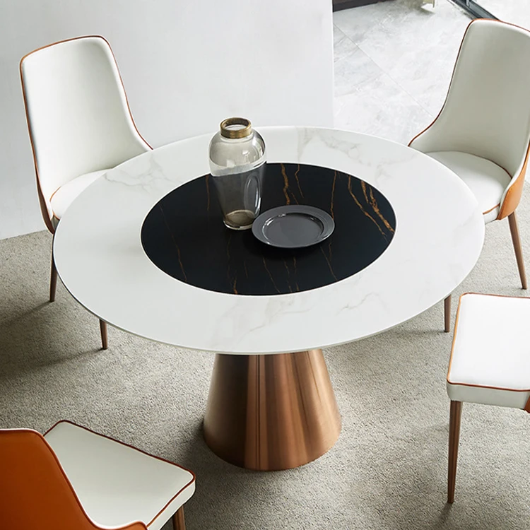 Nordic minimalist postmodern sintered stone dining table  rotating center marble dining table new design stainless steel table