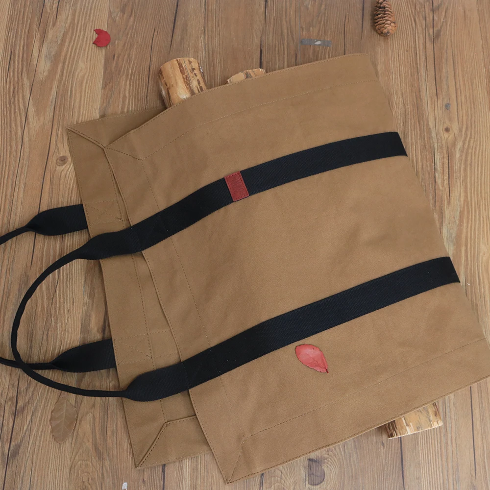 Heavy duty custom brown waxed canvas firewood carrier bag