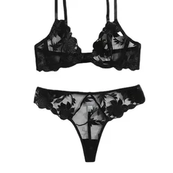 Amazon AliExpress sexy sexy bra set see-through mesh black embroidered 2 piece lace lingerie