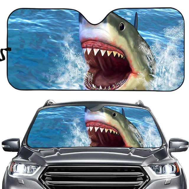 
Cool Car Windshield Sun Shade 3D White Shark Printed According Outside UV Protective Sunshade Auto Anti-UV Visor 