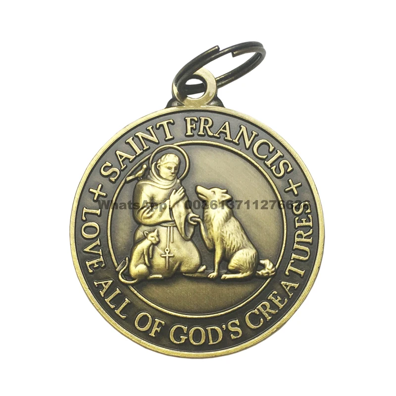 Saint Francis metal dog tag with bless and protect my pet logo
