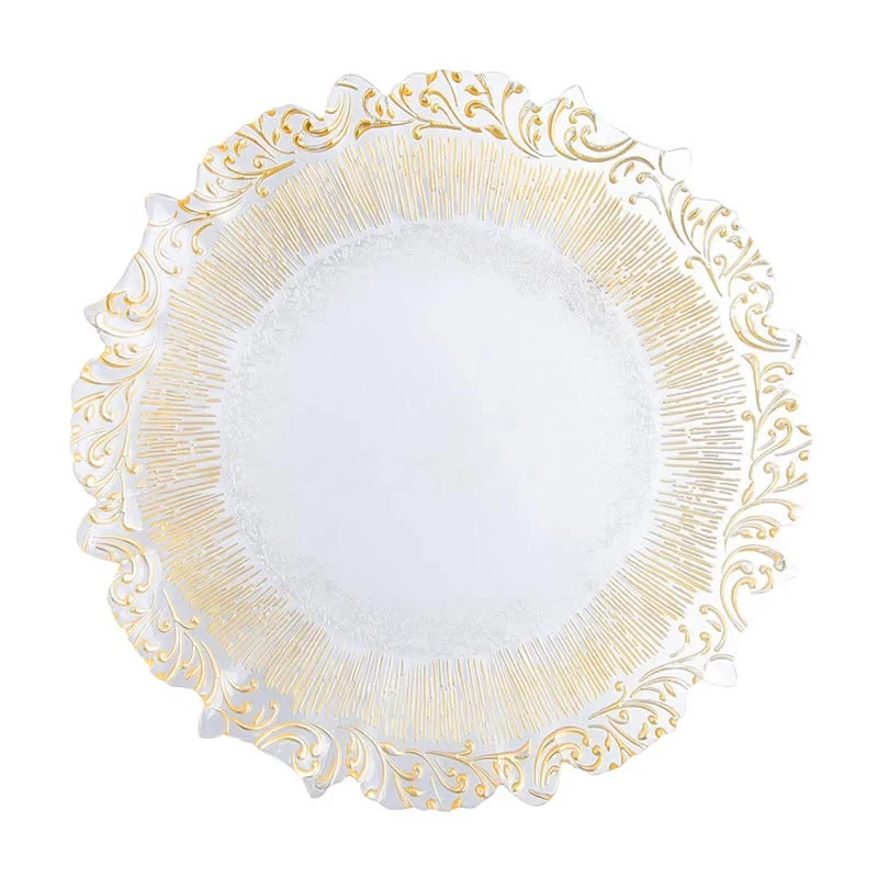 Wedding Decoration Supplies 13 Inch Gold Silver Floral Rim Glass Charger Plates for Wedding Dinner Party Table Setting Decor