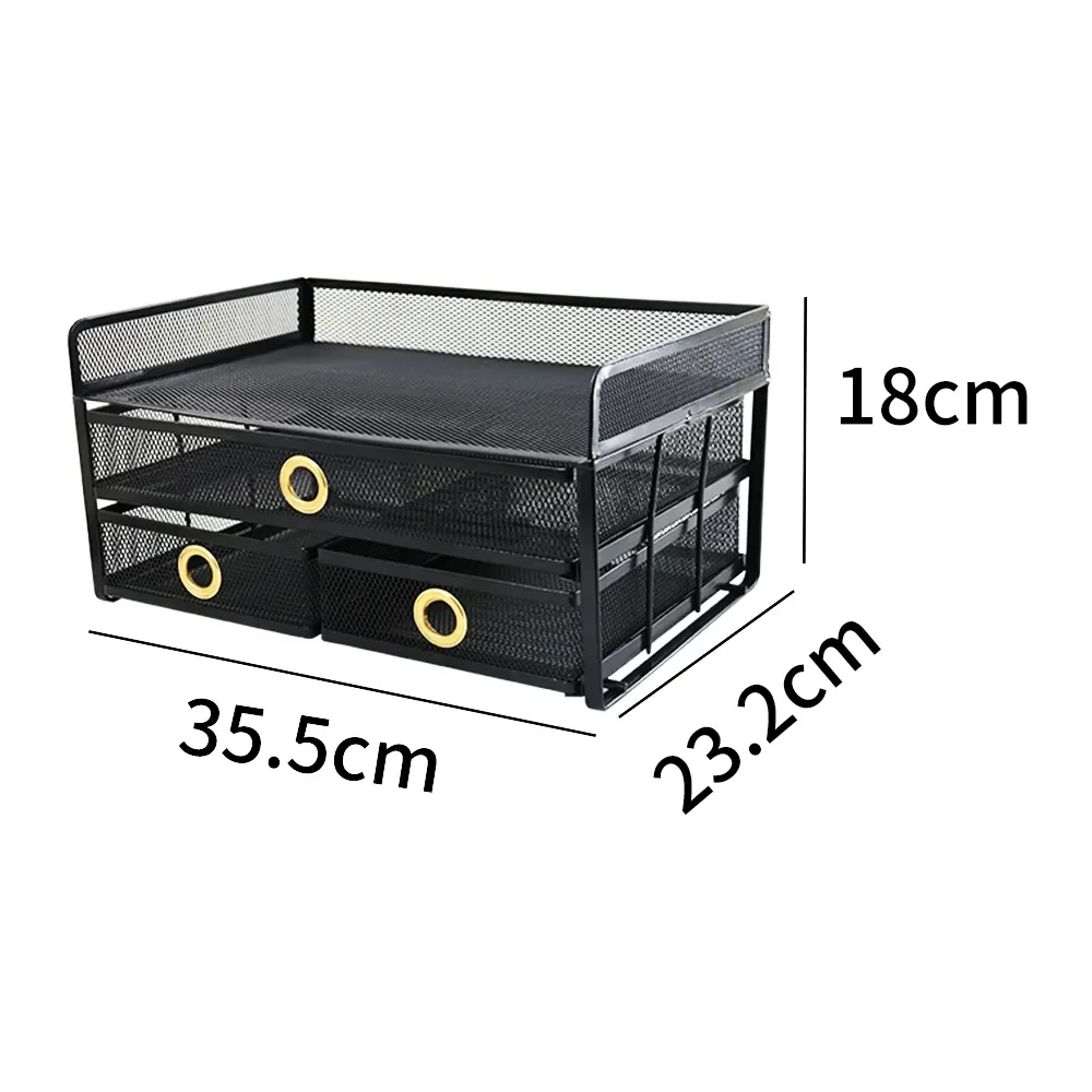 Office Desk Black Metal Wire Mesh 2 tiers Desktop file Organizer with 3 Sliding Drawers