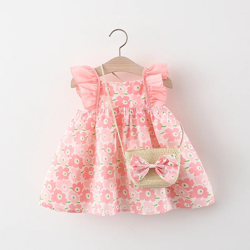 Sleeveless Beach Sweet Frock Cute Strawberry Cheap Flower Smocked Kids Newborn Summer Cotton Baby Girls Casual Dresses with Bag