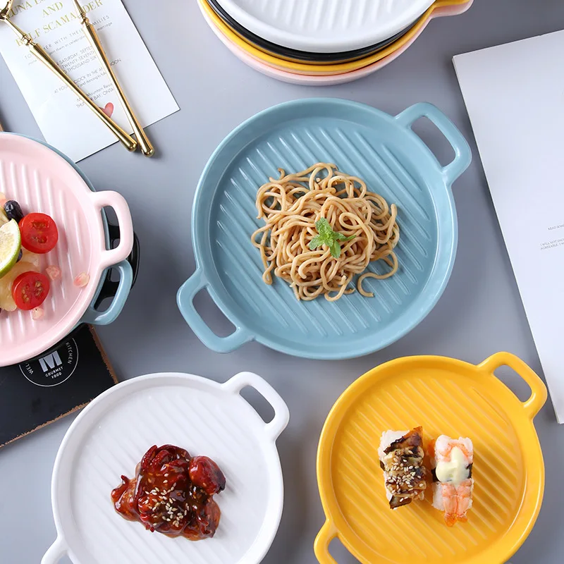 High quality DURABLE CHINA COLORFUL Barbecue plates ceramic dishes and dinner plates with handle 8 10 inches