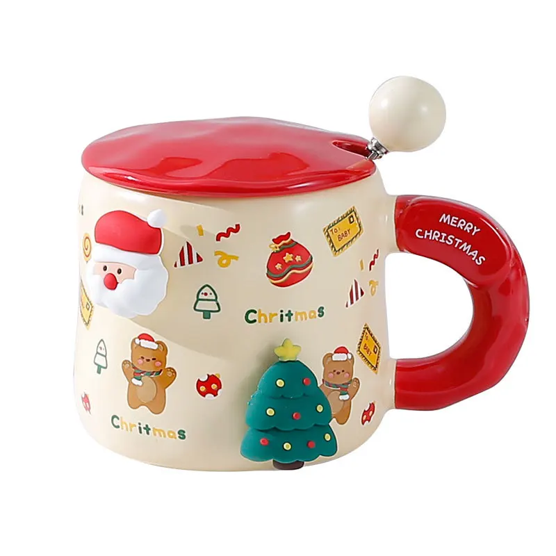 Onsin New Design Eco-Friendly 500ml Ceramic Coffee Mug with Santa Claus Spoon Customizable Logo-Merry Christmas Glass Gift Set