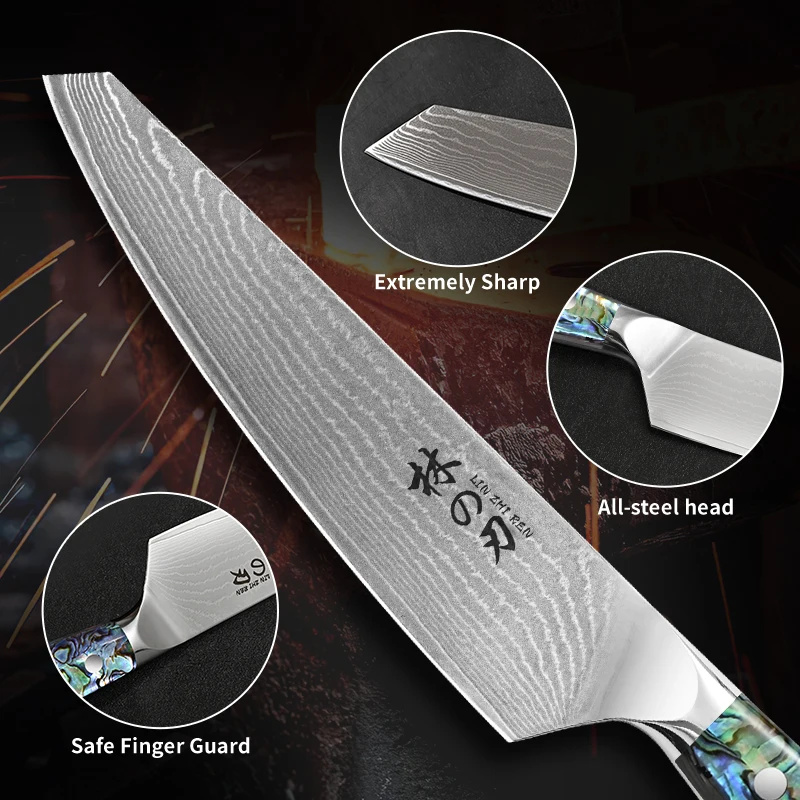 7 Inch Damascus Steel Meat Cutting Slicer Kitchen Knife With Abalone Shell Handle