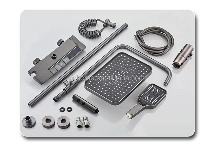 LED Brass Shower Head Set Gun Gray Square Shower Columns Wall Mounted Waterfall Shower Mixer Faucet