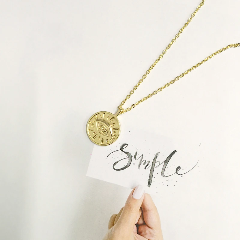 Gold Color Coin Eye Pendant Necklaces for Women Simple Round Disc Layered Choker Necklace Boho Charm Minimalist Necklaces