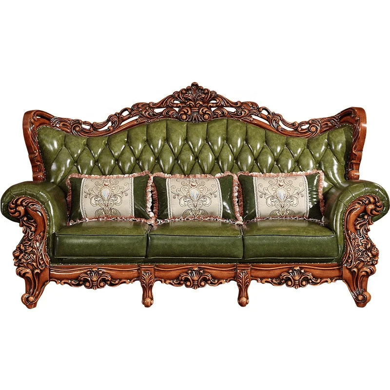 Classical living room full grain leather recliner sofa Factory supply antique wooden sofa furniture set