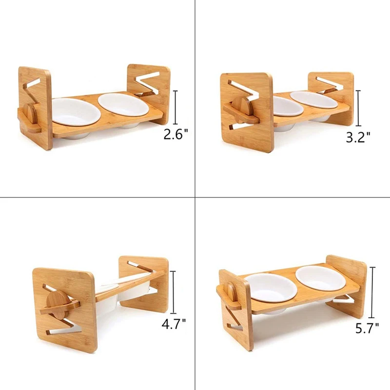 Adjustable Height Raised Pets Bamboo Puppy Feeder Wood Food Drink Bowl 2-ceramics Elevated Bamboo Wood Pets Feeder Holder