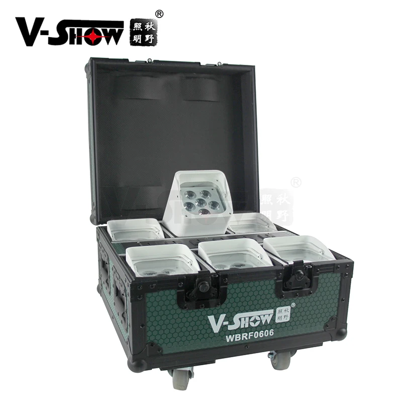 VSHOW WBRF0606 6PCS 18W RGBWA+UV 6 in 1 Wireless Uplights Battery Powered LED Rechargeable Par Can with Wifi 6PCS+case