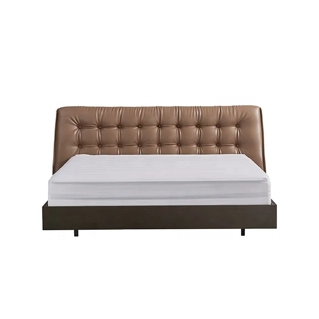 Modern Head Tufted Queen Size Leather Frame Double Platform Brown Color Leather Upholstered Bed