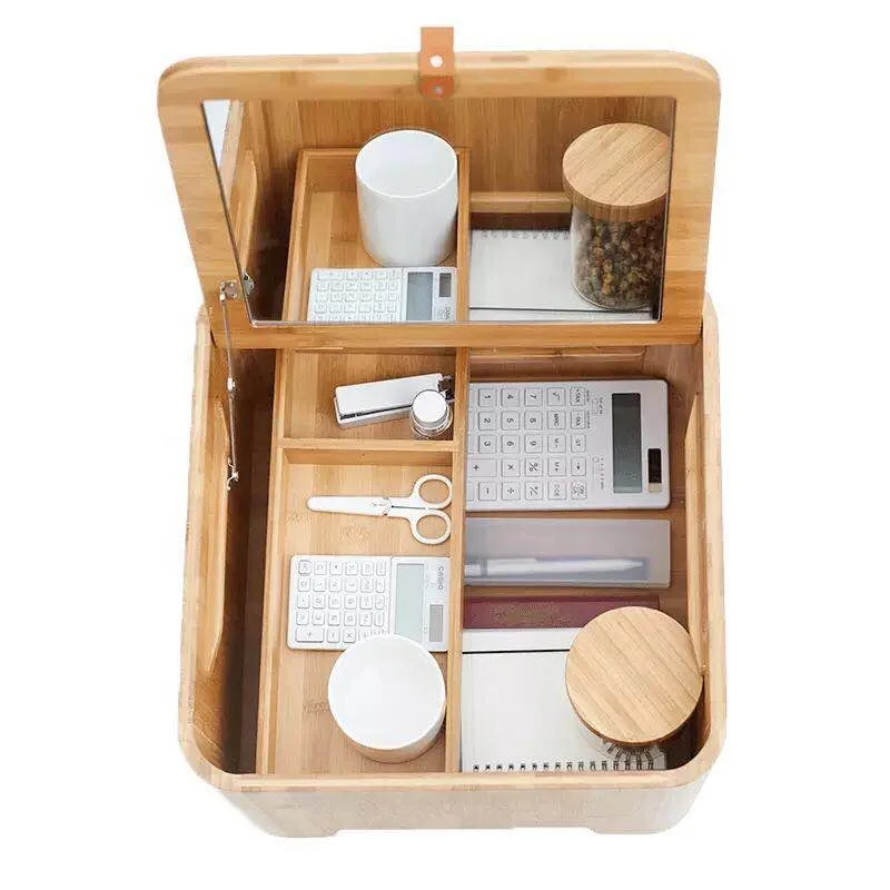 Bamboo Small Coffee Table Tatami Tea Table Storage Ottoman Dressing Table Living Room Furniture with 2 Cushions and Mirror