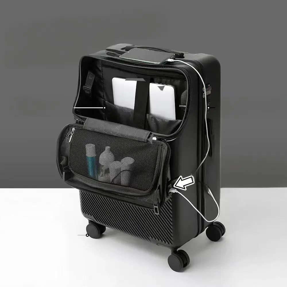New multifunctional front opening boarding box strong and durable student charging usb port wheel travel trolley combination