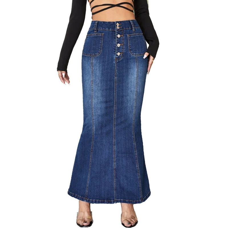 Manufacturer Wholesale Fashion Women Vintage Long Casual High Waist Washed Denim A-Line Denim Maxi For Ladies Jean Skirts