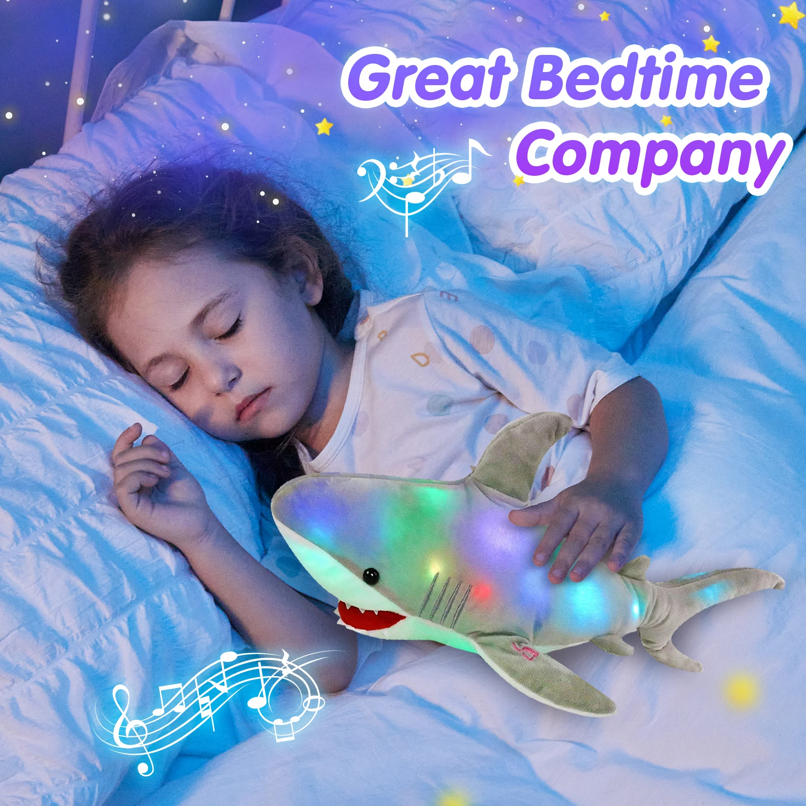 Glowing LED Musical Blue Stuffed Shark Toy Soft Singing Light Up Stuffed Animal Home Decor Birthday Gift for Kids baby Child