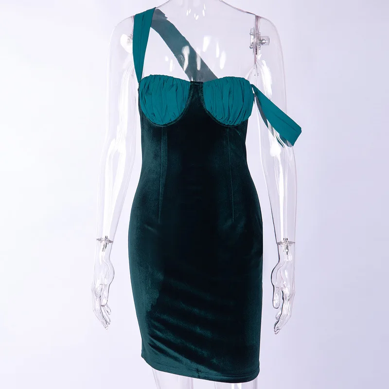 
2020 Women Winter Patchwork Dress Sexy Party Evening Off Shoulder Velvet Casual Bodycon Dress 