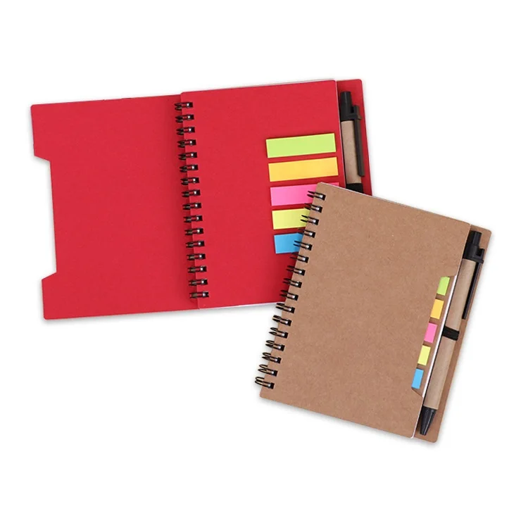 Personalized custom logo kraft paper cover spiral notebook with pen and memo pad sticky notes