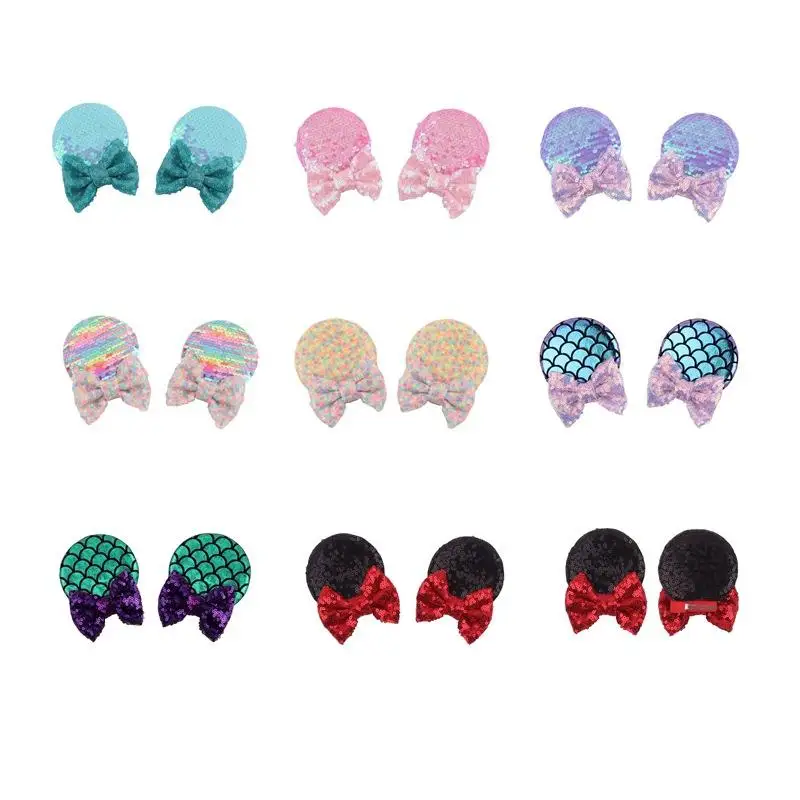 Baby girl bows colorful hair accessories sequins minnie ear hair pin glitter bow mickey ears hairpins for kids