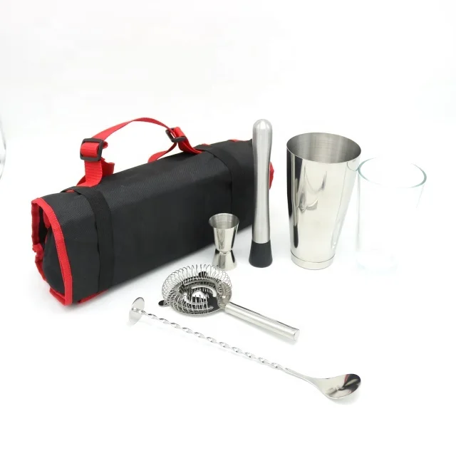 Cocktail Boston Shaker Jigger Muddler Strainer Spoon Bartender Kit Barware Set With Portable Travel Waxed Canvas Roll Bag