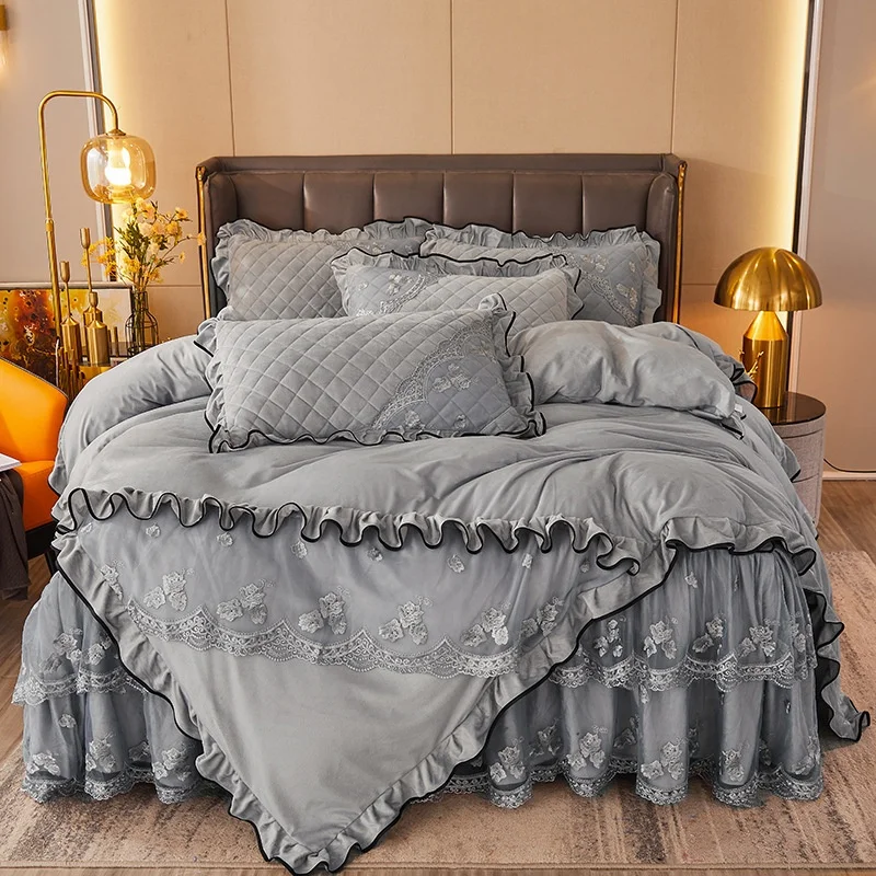 Comforter Bed Sheets and Skirt Bed Set Home Full Size Lace Velvet Embroidery Bedding Set Bedspread Bed Cover