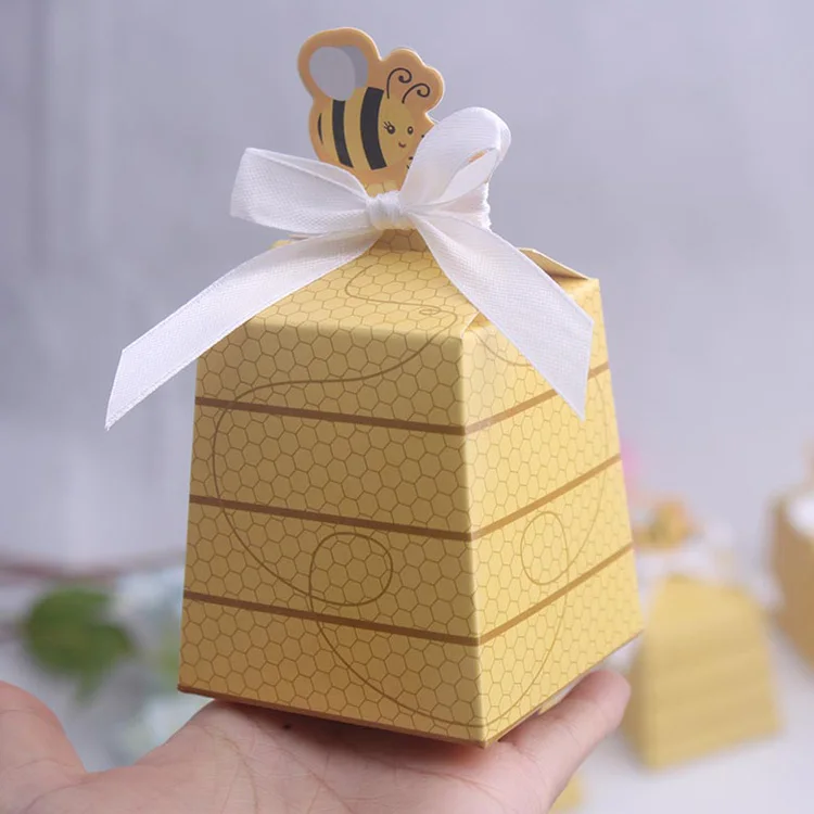 Cartoon Bee Yellow Hexagon Chocolate Sweet Candy Packaging Box For Baby Shower Party Decoration Kids Birthday Gift Boxes